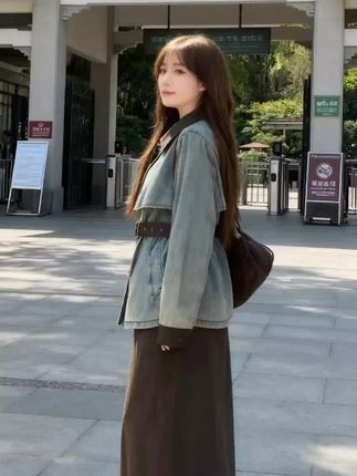 温柔小女生洋气百搭套装秋天穿搭#牛仔上衣直筒半身裙