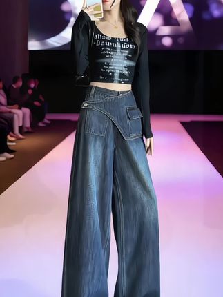 喜绚超火复古假两件阔腿牛仔裤女2025秋季流行宽松设计感直筒裤#牛仔裤 #引领时尚潮流 #时尚潮流穿搭 #时尚女装穿搭 #好身材好气质