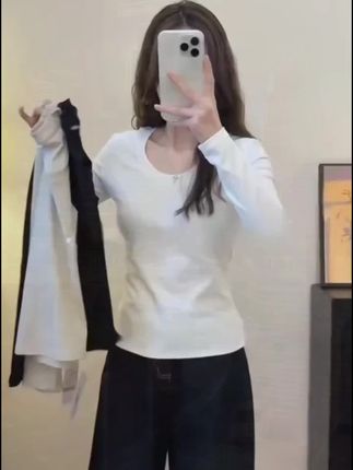 白色t恤女长袖内搭秋冬2025新款低领春秋棉u领打底衫纯色上衣服#白色t恤 #打底衫 #长袖内搭