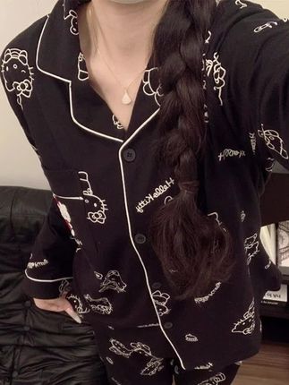 秋季长裤长袖卡通睡衣家居服套装不褪色薄款宽松大码黑色网红胖妹#面料柔软亲肤 #舒适家居服 #好物推荐🔥 #爆款热卖中 #在家也要美美哒