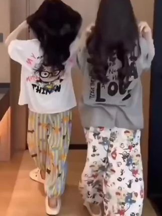 #带胸垫云朵棉夏季睡衣女士短袖长裤可外穿家居服6033【后背无图案】