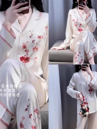 tpvl中国风印花冰丝睡衣女春秋长袖外穿套装高档2025新款爆款女款#高级感穿搭 #家居服套装 #睡衣套装 #国风印花 #家居服