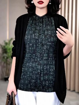 火袖G1727中老年气质单排扣衬衣女早秋新款宽松显瘦长袖印花小衫#舒适穿搭 #气质优雅穿搭 #气质款衬衫 #早秋新款搭配 #宽松版型