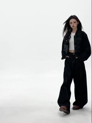JWUW秋季翻领纽扣后系带短款牛仔外套女车线分割弯刀牛仔裤套装