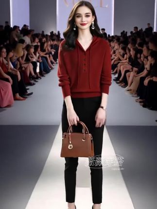 连帽毛衣女春秋2025新款宽松时尚休闲红色带帽卫衣针织打底衫上衣#女装#时尚#高级感穿搭 #洋气