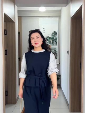 大码胖mm秋季新款气质A字半身裙圆领套头长袖假两件上衣两件套女#穿搭要点#穿搭技巧#穿搭分享#穿搭#新款
