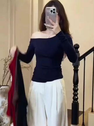 魔西女王辣妹斜肩长袖T恤ins不对移修身显瘦露肩上衣#长袖女上衣 #长袖打底衫女
