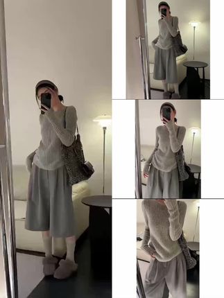 2025早秋新款女韩系穿搭修身圆领长袖毛衣上衣气质高腰显瘦阔腿裤#毛衣#阔腿裤#显瘦穿搭 #时髦精的ootd