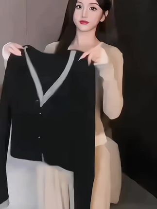 假两件长袖针织衫女春秋季2025新款小个子v领修身显瘦短款上衣ins