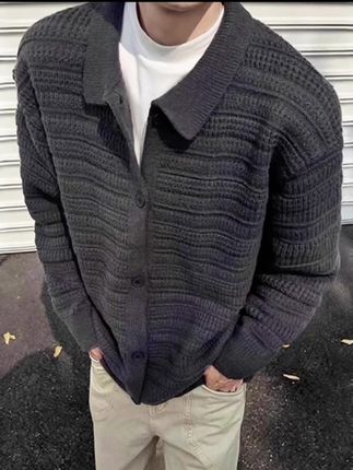 深灰色针织开衫外套男款秋冬慵懒风高级感男装cleanfit翻领毛衣#针织开衫 #毛衣 #针织衫 #男生穿搭 #韩系穿搭