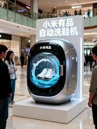 小米有品自动洗鞋机靠“科技感”圈粉 逛商场时被一台“科技感胶囊”狠狠吸引?没错,就是小米有品自动洗鞋机!银黑配色的圆润机身,搭配透明舱门,舱内小白鞋正被蓝色模拟水流环绕冲刷,水花飞溅的动态效果超直观,一眼就懂“自动洗鞋”有多方便,路过的顾客都忍不住驻足围观。 它稳稳立在白色方正展台上,后方发光牌上“小米有品 自动洗鞋机”大字格外醒目,在开阔的商场中庭里,浅色瓷砖地面还映出产品轮廓,背景里的购物区、穿梭行人更添真实感。不用蹲地刷鞋的便捷,配上高端精致的颜值,难怪能成为商场里的“吸睛担当”! #小米有品 #自动洗鞋机 #商场好物 #科技感家电 #懒人清洁神器