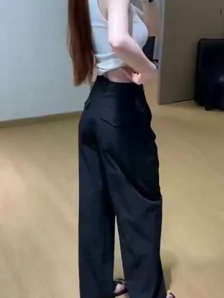 黑色窄版直筒休闲裤女2025新款大码洋气百搭薄款显瘦阔腿拖地裤子#直筒休闲裤 #新款休闲裤 #薄款拖地裤 #显瘦阔腿裤#窄版休闲裤