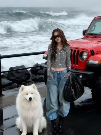 海与风的约定 雨幕里,红色Jeep溅起细碎的水花。林薇靠在车门上,墨镜遮住了大半张脸,却遮不住眼底的怅然。身旁的萨摩耶“雪球”温顺地坐着,蓬松的白毛被海风吹得微扬。 三天前,她和陈野约好自驾环岛,看遍所有浪涛。可现在,只有她和雪球,还有这辆他留下的车。海浪拍打着礁石,像永不疲倦的鼓手。林薇摸了摸雪球的头,“他说,海的尽头有自由……你说,他是不是在骗我?” 雪球歪了歪头,喉咙里发出低低的呜咽。风裹挟着雨丝掠过,恍惚间,她好像听见陈野笑着喊她的名字,一如从前。 #国庆穿搭这就开始预备了#随机穿搭挑战#流光机能风穿搭太有生命力了#chic拉满的流光运动风穿搭#旅行要出片姿势就不能太基础