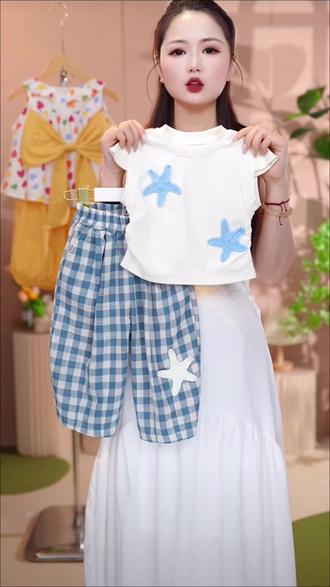 女童套装短袖T恤格子灯笼裤时髦卡通儿童夏季女宝宝两件套小女孩#童装 #洋气 #时尚 #百搭 #套装