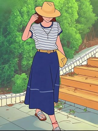 夏日时尚感穿搭🍃 谁穿谁好看! 姐妹们!这套夏日穿搭我疯狂心动💓 条纹短袖简约又经典,蓝白配色清爽到不行,软乎乎的面料,贴身穿像被云朵裹住~ 袖口撞色设计,细节拿捏💯 搭配藏蓝色半身裙,垂坠感绝了,走路带风,大裙摆超藏肉,胯宽腿粗都不怕!腰带一系,比例直接拉满,随性又时髦✨ 草帽、草编包一配,妥妥的法式田园风,度假、逛街、约会穿,被追着问链接那种! 一套配齐,拯救穿搭纠结症,夏天这么穿,舒适又出片,别犹豫,戳购物车带走,让你美美的过夏天🌞 #夏日穿搭 #条纹控 #半身裙 #氛围感穿搭#高级感穿搭 @巨量千川