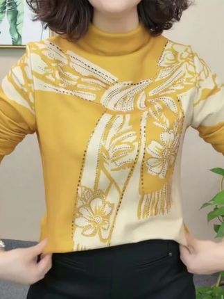 欧山 2025秋冬季新款百搭气质印花内搭半高领长袖打 底女士上衣#847451#印花半高领打底衫@DOU+上热门