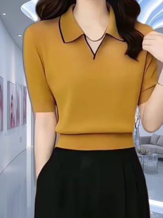 新款五分袖针织衫,时尚薄款宽松拼色polov领上衣#洋气上档次