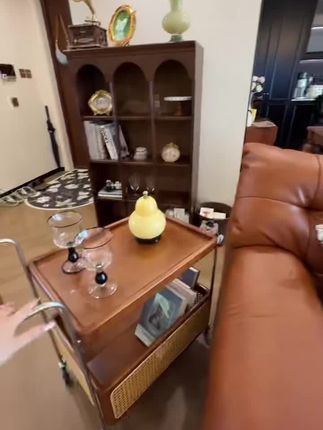 实木移动带轮边几不锈钢收纳中古小推车客厅储物藤,编置物简约茶几