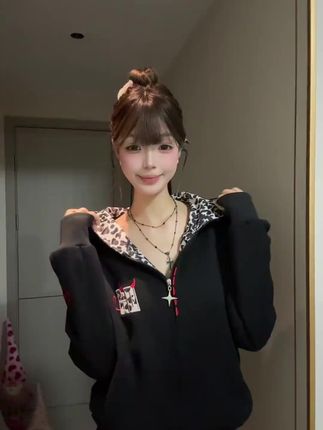 FOPJ刺绣款美式复古豹纹开衫连帽卫衣外套女春秋款百搭设计感上衣#美式复古#豹纹开衫#卫衣#外套#百搭