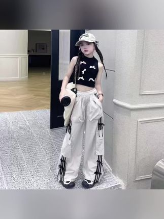 女童夏季套装2025新款6-12岁15岁中大童潮酷休闲洋气背心工装裤潮