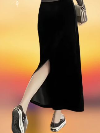 2025新款女士春秋金丝绒百搭半身裙修身中长款半身裙。#丝绒半身裙 #半身裙 #春秋裙子