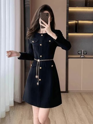 秋季新款法式气质小香风收腰显瘦高级感小个子黑色女装连衣裙长袖 #秋季新款 #收腰显瘦 #连衣裙