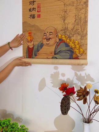 开口笑弥勒聚福哒竹编挂画#中式国风 #艺术收藏 #五福临门 #茶道