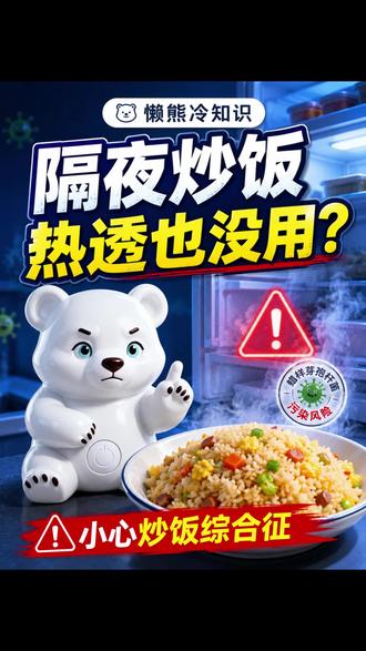 冰箱不是保险箱!隔夜米面暗藏夺命毒素 隔夜炒饭滋生蜡样芽孢杆菌,产生耐高温呕吐毒素,哪怕彻底加热也无法去除,严重可引发急性肝衰竭,米面室温存放别超 2 小时。
#隔夜菜避雷 #居家健康常识 #蜡样芽孢杆菌 #鲜管家 #北极懒熊