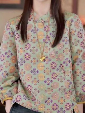 #秋季新款女装 洋气印花通勤气质长袖文艺打底衫2025秋季新款新中式国风减龄上衣#新中式上衣 #秋季长袖打底衫 #秋季新款穿搭 #新中式国风上衣
