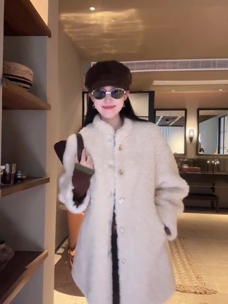 DALI PLUS“100绵羊毛”沙金色独特纽扣中长款长袖外套-D5BL1135#羊毛外套#保暖又好看