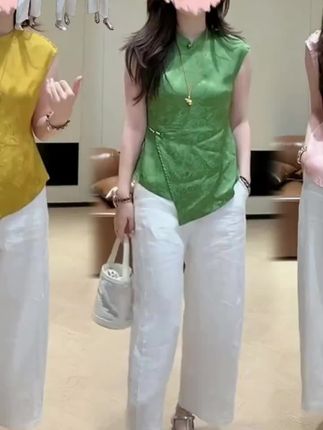 高级感新中式印花上衣套装女夏季新款温柔风白色薄款阔腿裤两件套#印花上衣 #中式上衣 #白色阔腿裤 #薄款阔腿裤 #两件套