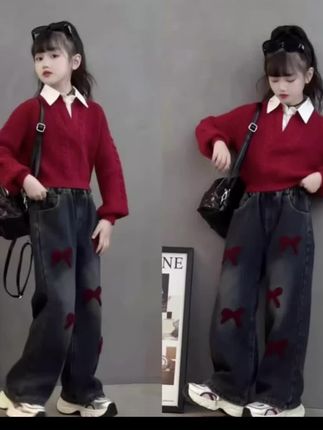 女童春秋2025新款两件套装儿童毛衣女孩洋气中大童冬装加绒牛仔裤#质量好#面料柔软舒适 #穿出自己的风格 #好物推荐🔥