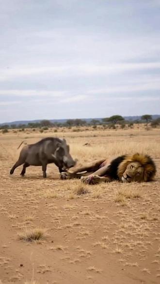快意恩仇!疣猪王寻仇雄狮完美取胜 #动物行为观察 #草原惊魂时刻 #野生抓拍名场面 #野生动物奇闻