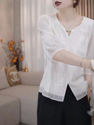 (双层)夏季新款韩系宽松减龄五分袖圆领刺绣显瘦衬衫#谁穿谁好看 #短袖衬衫 #显瘦穿搭 #洋气减龄 #五分袖