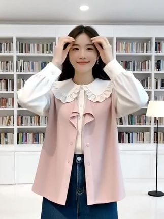 拉夏贝尔荷叶边雪纺衬衫女2025春装新款韩版娃娃领甜美上衣小衫#穿搭分享 #连衣裙女裙子 #每日分享 #jk制服女孩
