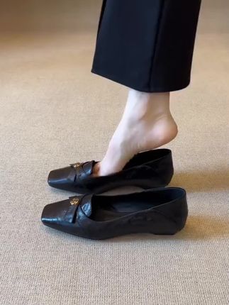 羊皮版~方头法式山茶花蝴蝶结坡跟单鞋女浅口通勤气质复古平底鞋#女鞋#平底鞋 #转大弯和转小弯区别 #科目三学车 #消除故障灯