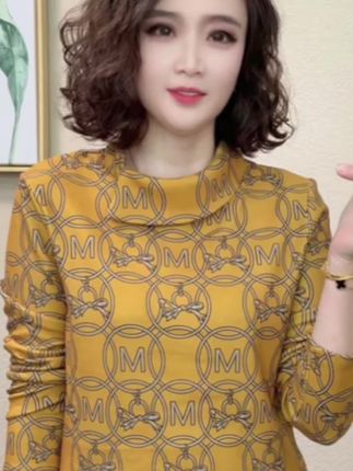 2025秋冬新款半圆领印花气质减龄时尚百搭女士打底衫T恤#857494