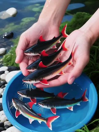 水族箱里的“红鳍侠客”——彩虹鲨, ,如果水族箱是片江湖,彩虹鲨就是仗“鳍”走天涯的侠客🌊, ,铁灰的身子,红得耀眼的鳍尾,游起来像把燃烧的火炬划破水波,在水草布景里穿梭时,又自带“隐于市”的神秘,仿佛下一秒就能从石缝间“闪”没影~, ,它有小脾气,会和同类“斗狠”,却对缸里的静态造景超适配,红鳍划过绿藻、白沙,像给单调水景添了支流动的画笔,让整个缸都鲜活起来。, ,养它就像养了个水下“戏精”,看它追游、摆鳍、守领地,生活里那些小平淡,都被这抹红灰交织的身影,晕染成有趣的日常碎片,越看越上瘾~#彩虹鲨#鱼缸里的大自然 #水族 #观赏鱼世界 #养鱼