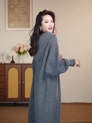 【送洗衣袋】秋季慵懒风长款毛衣开衫外套蝙蝠袖女连帽宽松韩版大衣#减龄气质 #慵懒风穿搭 #时尚气质穿搭