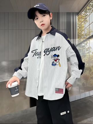 男童秋季韩范撞色条纹米奇长袖衬衫外套#男童衬衫外套 #男童长袖衬衫 #潮流男孩 #童装上新 #高品质童装