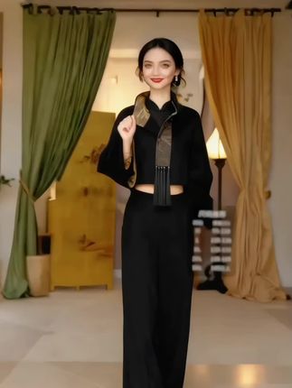 女士古文艺风裤套装优雅端庄长袖上衣+阔腿裤