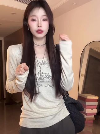 复古Rose时髦天菜 印花长袖上衣T恤女秋冬内搭#内搭外穿都好看 #百搭上衣女 #长袖T恤#强烈推荐