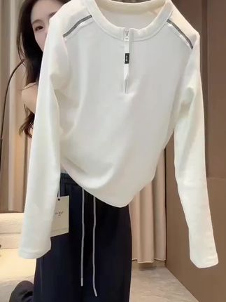 秋季新款时尚半拉链设计感圆领显瘦百搭气质长袖T桖女上衣#减龄气质女装推荐 #长袖t恤 #气质穿搭 #舒服 #显瘦显高显气质