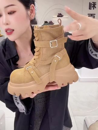 【涵】马丁靴女ins超火大头牛仔布皮带扣帅气短靴厚机车靴大黄靴#马丁靴 #短靴推荐 #女靴推荐