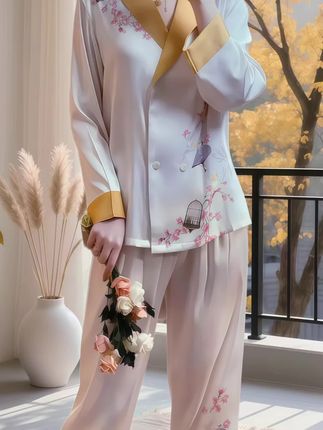 《新中式冰丝家居服:把江南庭院的雅致穿在身上》  是谁还没拥有这套美到心坎里的新中式冰丝家居服?丝绸般滑溜溜的质感,贴肤就像被云朵温柔裹住,舒适感直接拉满!暖黄色包边搭配雅致花卉图案,国风韵味狠狠拿捏,宅家时仿佛置身于烟雨江南的庭院,仪式感与氛围感双双在线。不管是慵懒宅家的松弛时刻,还是睡前的温柔时光,穿上它,幸福感瞬间爆棚,让你在家也能不动声色地美出高级感~#一套好的衣服可以让你不动声色的美#冰丝睡衣 #舒适度高的睡衣推荐#美出高级感 #在家也要美美哒