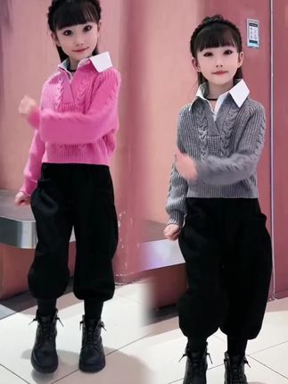 女童洋气假两件polo领设计感麻花针织毛衣时尚哈伦裤春秋韩版套装#萌宝穿搭 #童装 #生女儿就是用来打扮的 #潮童穿搭