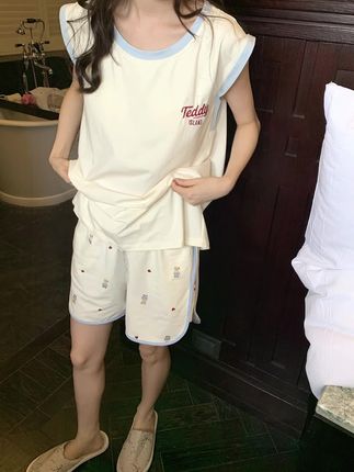 带胸垫睡衣女夏季刺绣字母拼色休闲韩版宽松可外穿吊带家居服套装#家居服 #睡衣 #睡衣家居服
