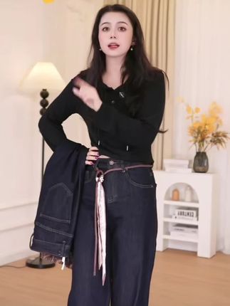 水墨蓝直筒牛仔裤女早秋季2025新款刺绣款高腰显瘦小个子九分裤#牛仔裤