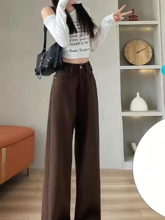 #拉夏贝尔美拉德咖色复古牛仔裤女春秋2025新款高腰垂感宽松阔腿裤