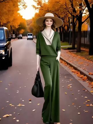 春秋新款高级感撞色拼接上衣女高腰洋气优雅直筒休闲裤两件套#女性穿搭 #时装搭配 #优雅气质 #时装穿搭 #秋季休闲两件套穿搭